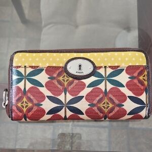 Fossil Women's Wallet with Red and Yellow Floral Design